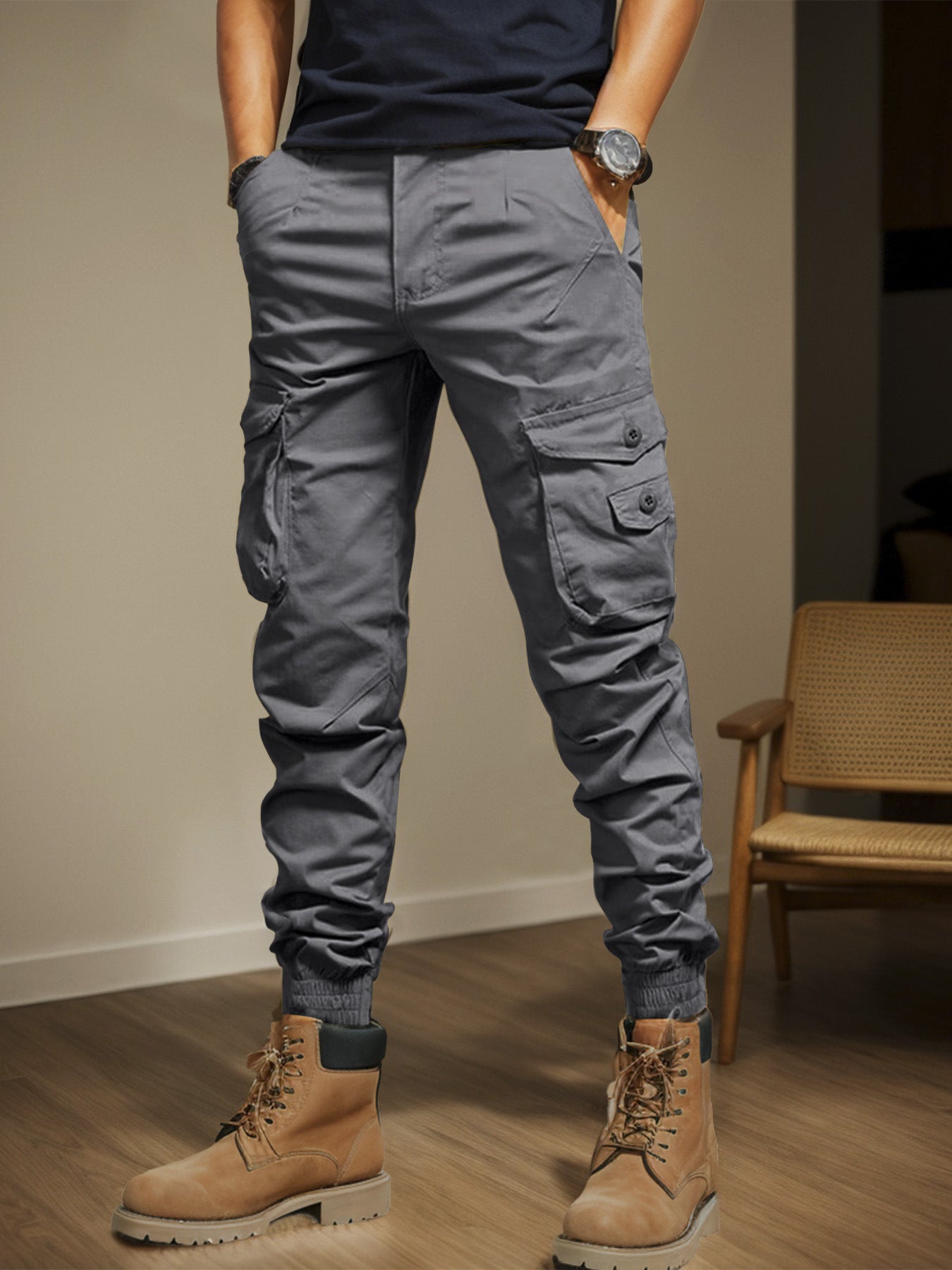 Men's Black Slim Fit Cargo Pants, Multi Pocket Elastic Waist Trousers for Outdoor Work