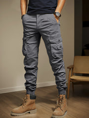 Men's Black Slim Fit Cargo Pants, Multi Pocket Elastic Waist Trousers for Outdoor Work