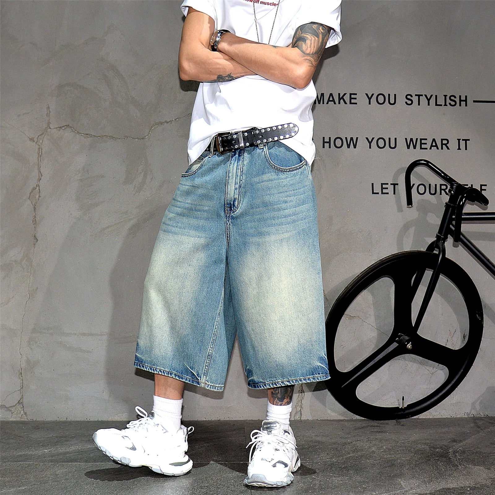 American retro washed vintage loose denim shorts, men's trendy brand wide leg cropped shorts, casual versatile straight leg mid length pants