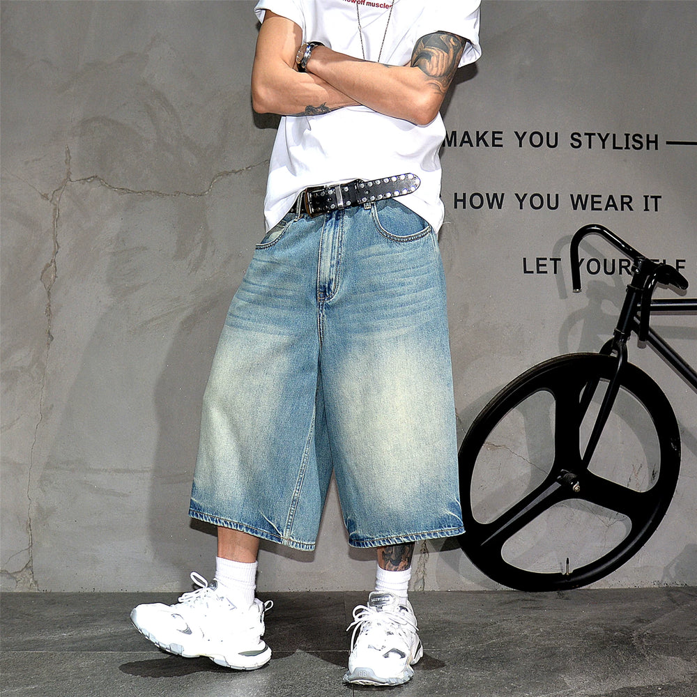American retro washed vintage loose denim shorts, men's trendy brand wide leg cropped shorts, casual versatile straight leg mid length pants