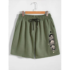 Men's Japanese Hannya Demon Print Casual Shorts, Elastic Waist Drawstring Sweat Shorts