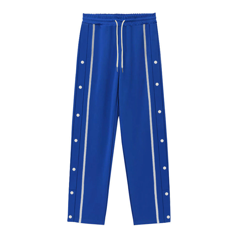 Men Solid Color Loose Sports Pants, Elastic Drawstring Waist Side Button Striped Casual Daily Bottom Wear