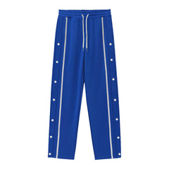Men Solid Color Loose Sports Pants, Elastic Drawstring Waist Side Button Striped Casual Daily Bottom Wear
