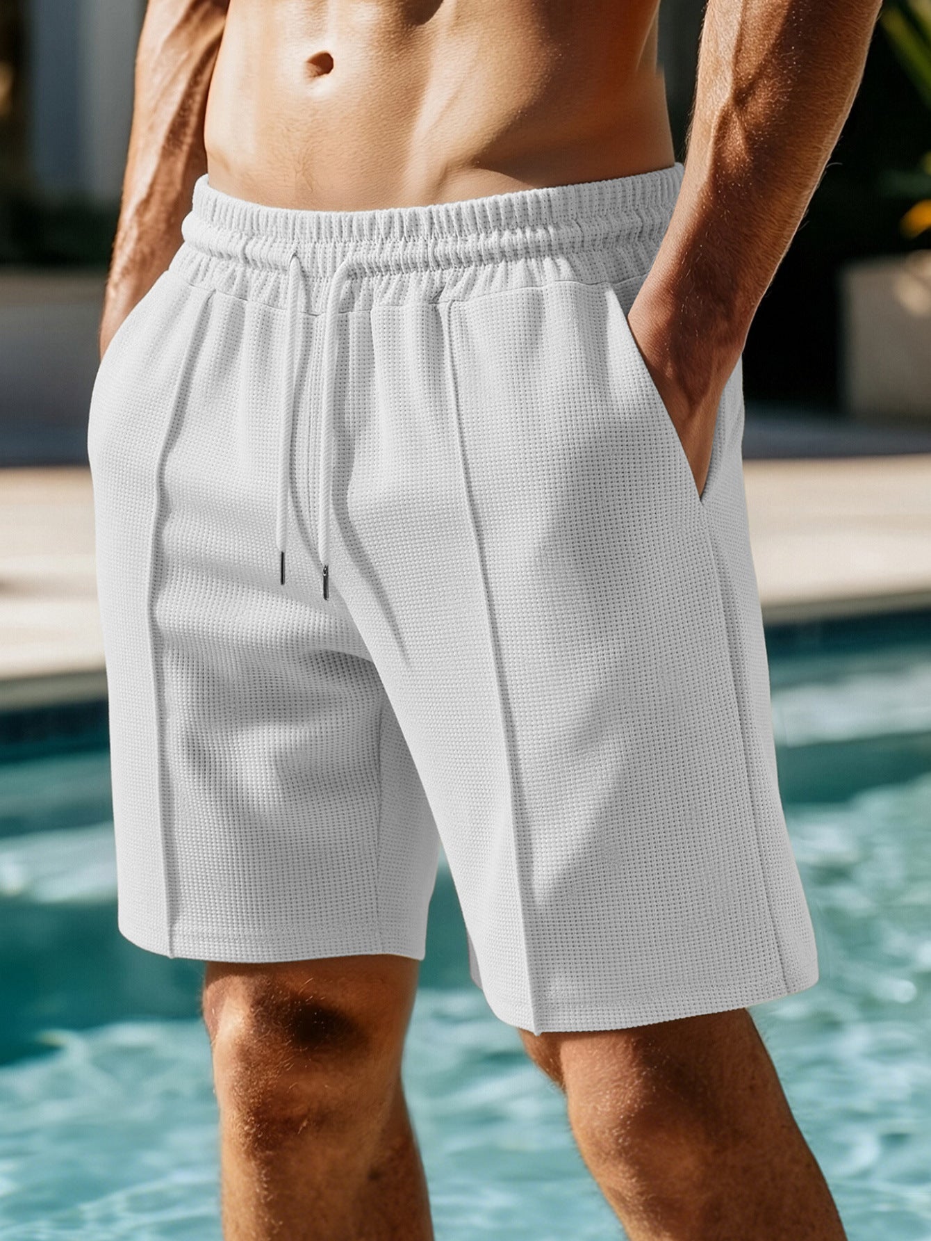 Men's Lightweight Waffle Shorts, Comfortable Elastic Waist Summer Shorts