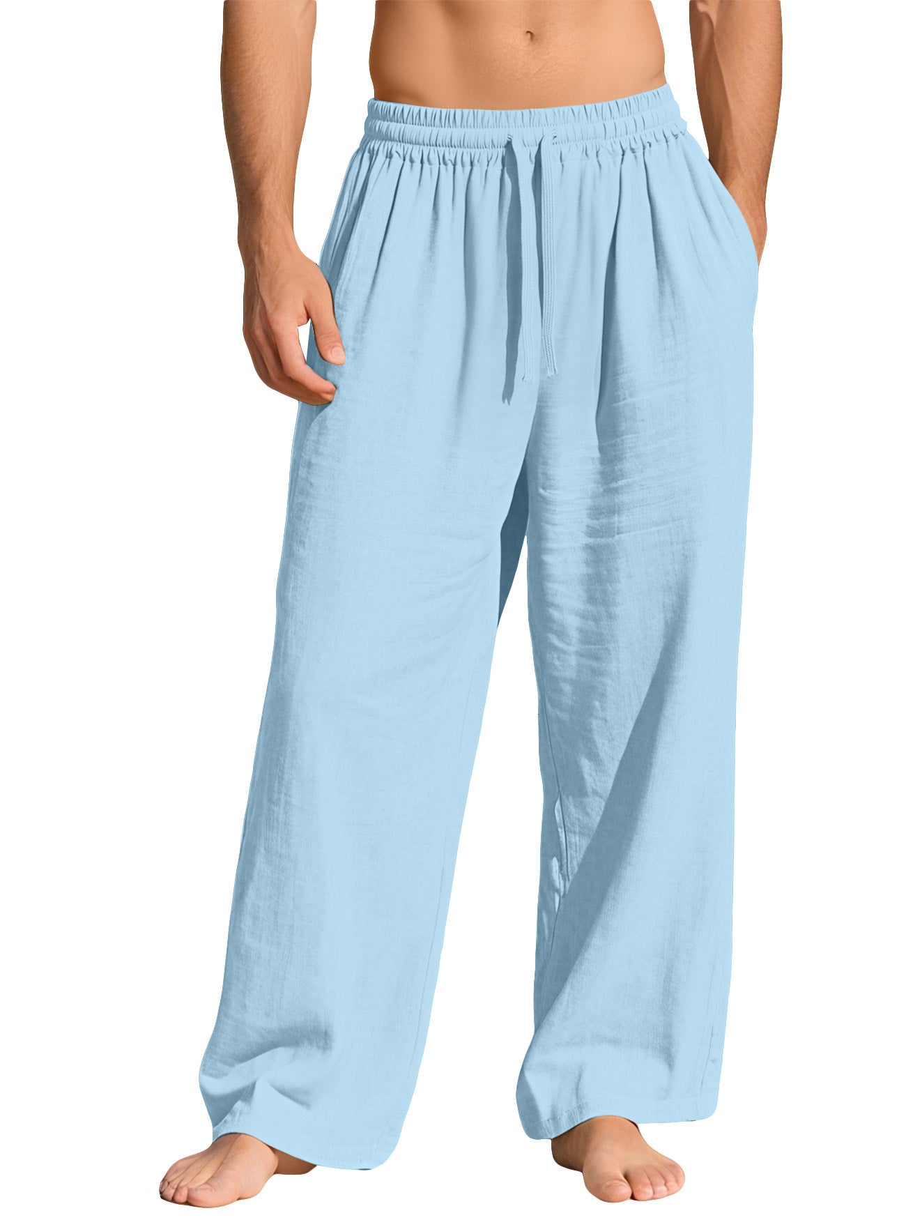 Men's Linen Cotton Baggy Pants, Elastic Waist Drawstring Wide Leg Casual Trousers for Summer Beach