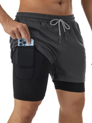 Men's 2-in-1 Running Shorts with Liner, Quick Dry Workout Gym Shorts with Zipper Pockets for Athletic Training