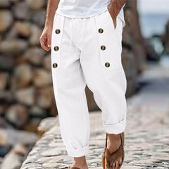 Men's Linen Blend Casual Pants, Elastic Waist Button Detail Trousers