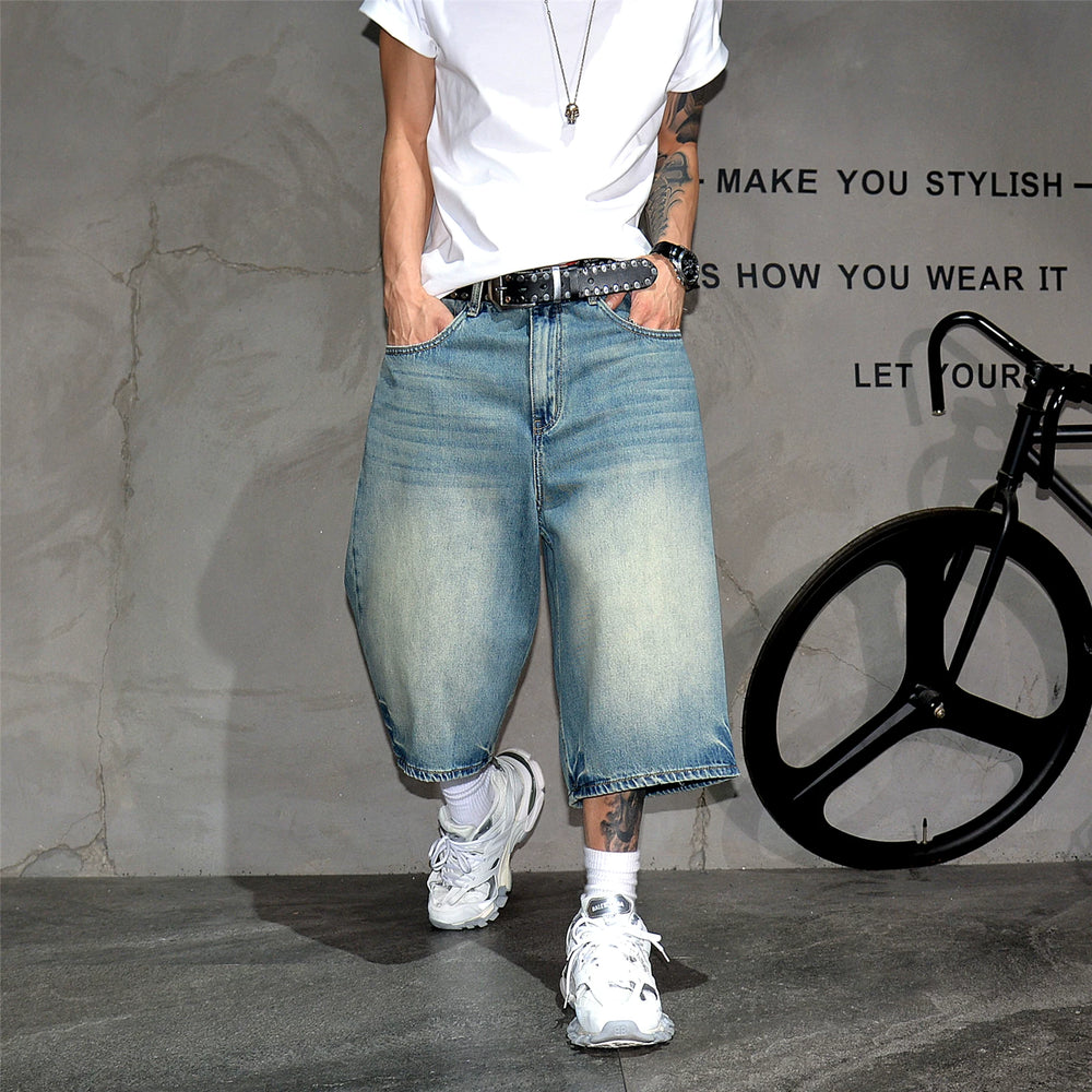 American retro washed vintage loose denim shorts, men's trendy brand wide leg cropped shorts, casual versatile straight leg mid length pants