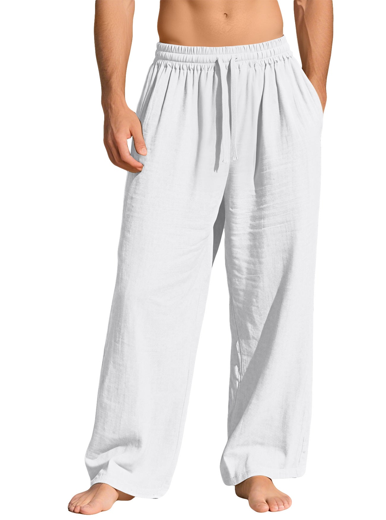 Men's Linen Cotton Baggy Pants, Elastic Waist Drawstring Wide Leg Casual Trousers for Summer Beach