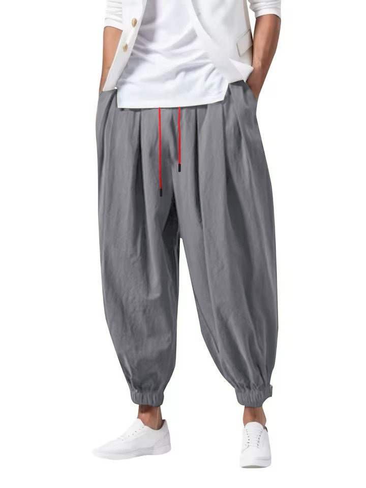 Men's Linen Harem Pants, Baggy Drawstring Waist Casual Trousers, Summer Breathable Cotton Linen Joggers with Elastic Cuffs