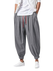 Men's Linen Harem Pants, Baggy Drawstring Waist Casual Trousers, Summer Breathable Cotton Linen Joggers with Elastic Cuffs