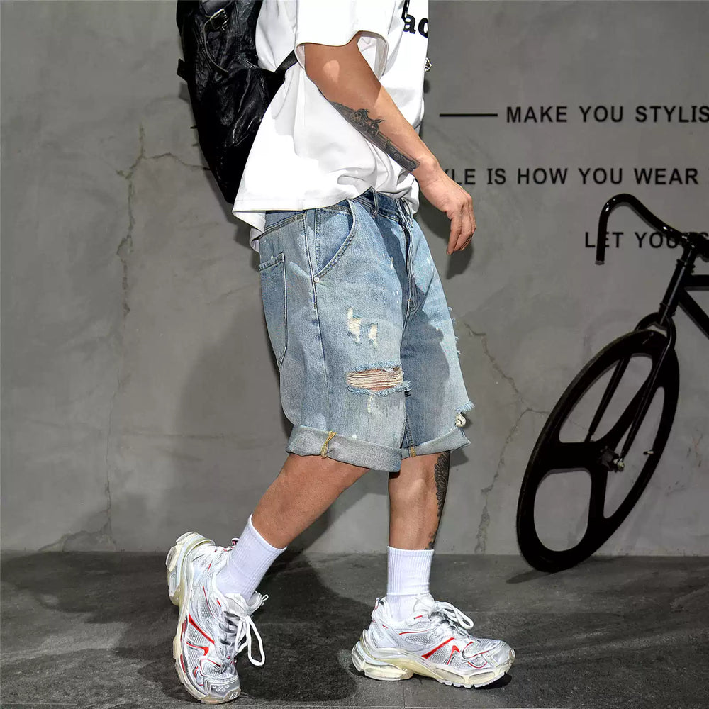 American fashion brand ripped denim shorts for men, retro vintage, distressed, splashed paint, scratched beggar, five quarter pants, loose oversized shorts, mid length pants