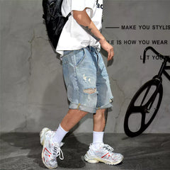 American fashion brand ripped denim shorts for men, retro vintage, distressed, splashed paint, scratched beggar, five quarter pants, loose oversized shorts, mid length pants