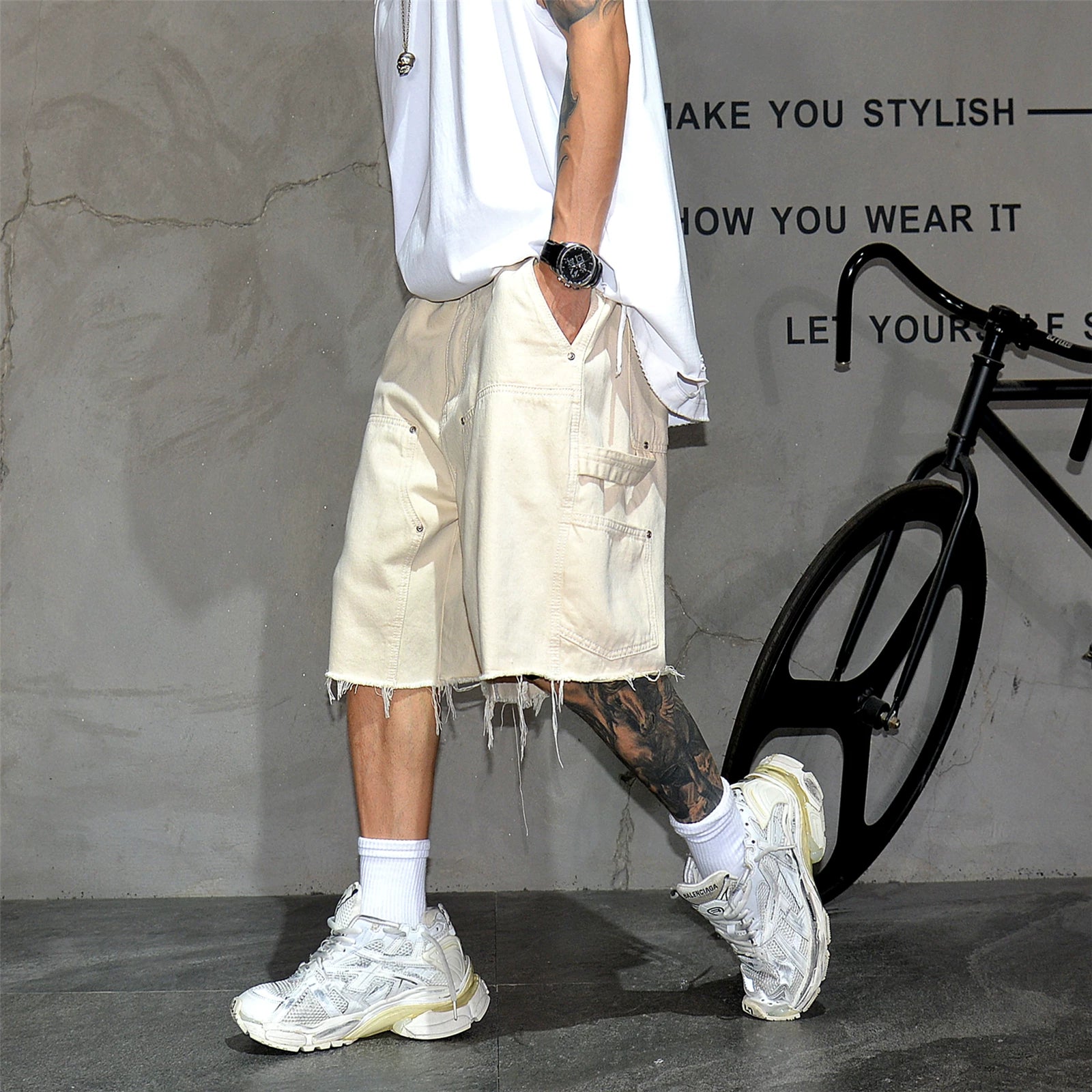 Vibe American High Street Solid Color Wide Leg Cowboy Shorts Men's Trendy Brand Loose Straight Five Leg Pants Rascal Handsome Hairy Pony