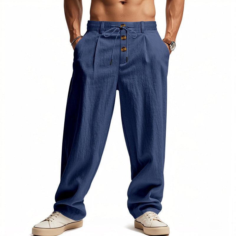 Men's Linen Casual Wide Leg Pants, Button Fly Drawstring Waist Soft Breathable Loose Straight Long Trousers