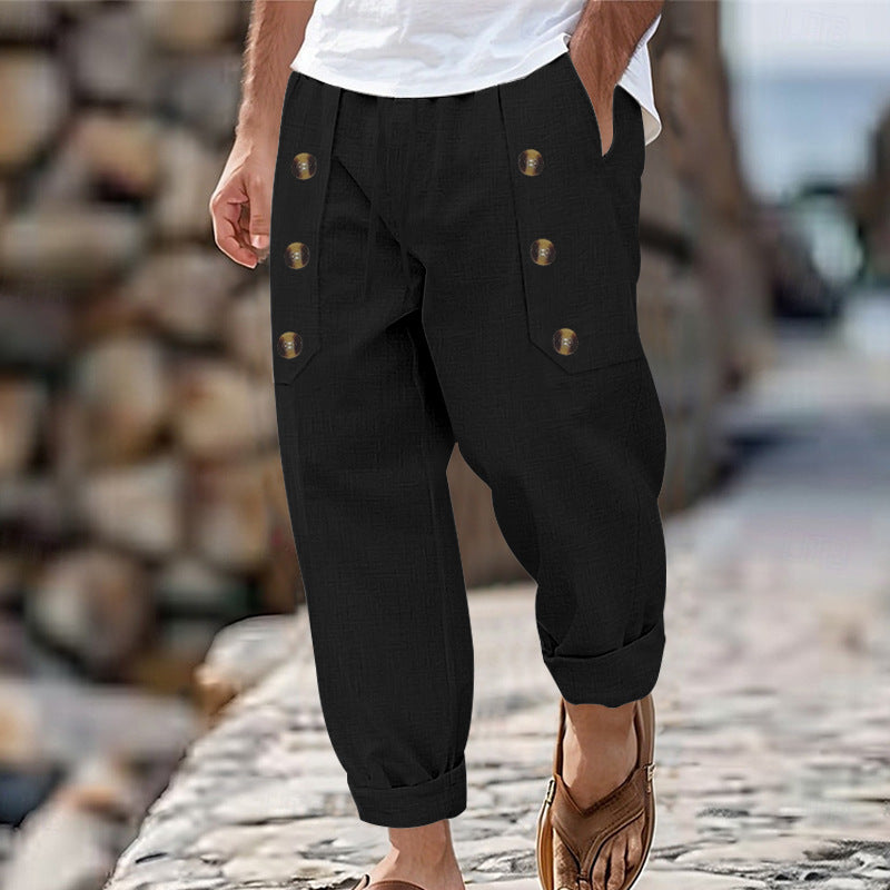 Men's Linen Blend Casual Pants, Elastic Waist Button Detail Trousers