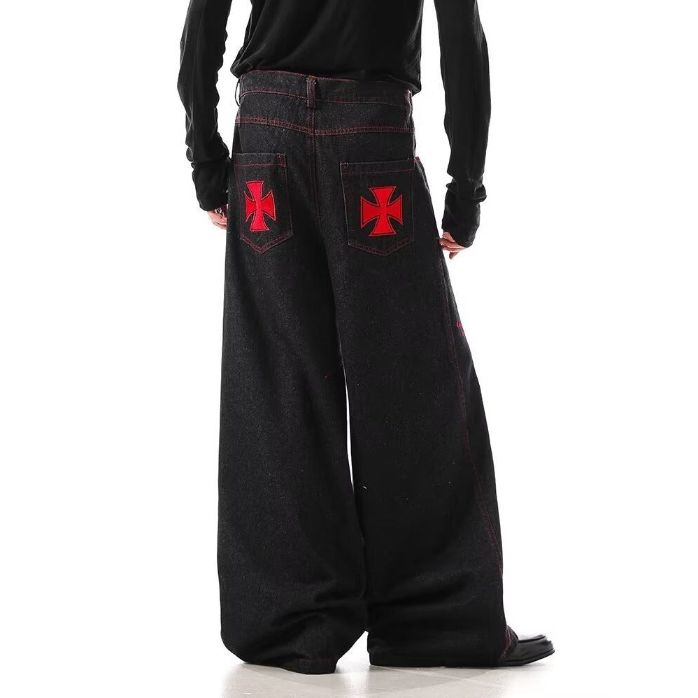 Men's Punk Red Stitch Embroidered Super Wide Leg Jeans, High Waist Y2K Streetwear Denim