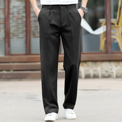Men's Straight Leg Pleated Dress Pants, Casual Business Solid Black Chino Suit Trousers