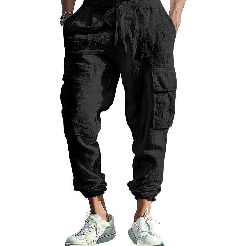 Men's Linen Blend Cargo Jogger Pants, Elastic Waist Drawstring Casual Trousers