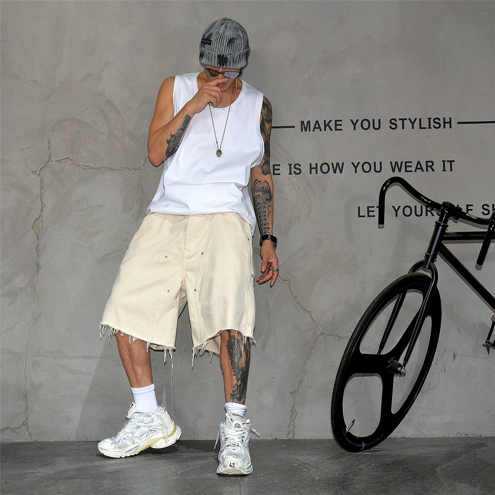 Vibe American High Street Solid Color Wide Leg Cowboy Shorts Men's Trendy Brand Loose Straight Five Leg Pants Rascal Handsome Hairy Pony
