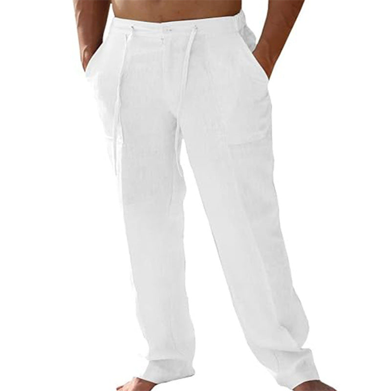 Men's Linen Blend Drawstring Casual Pants, Lightweight Straight Leg Trousers