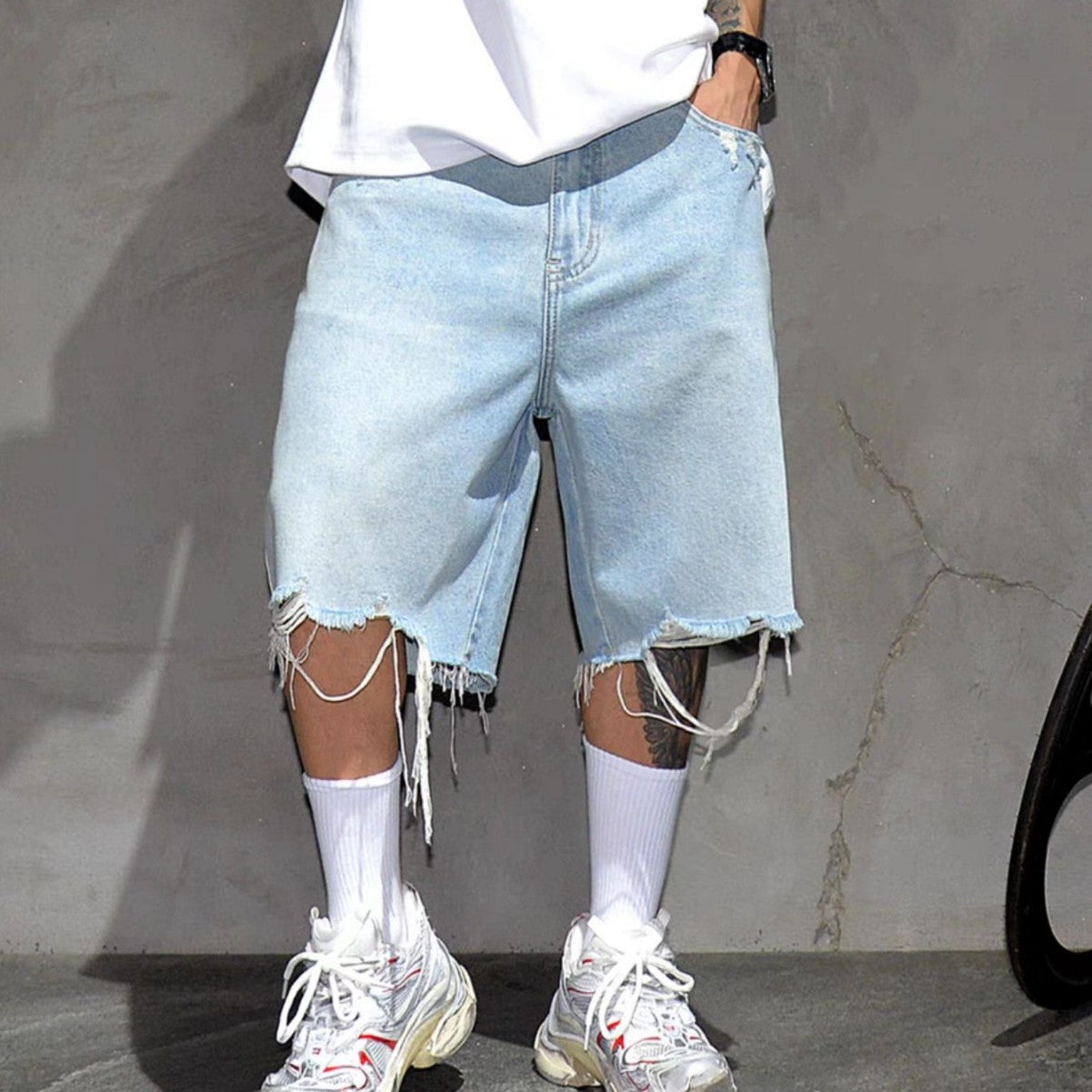 Men's Baggy Distressed Denim Shorts, Frayed Hem Ripped Knee Length Casual Summer Jean Shorts