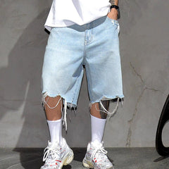 Men's Baggy Distressed Denim Shorts, Frayed Hem Ripped Knee Length Casual Summer Jean Shorts