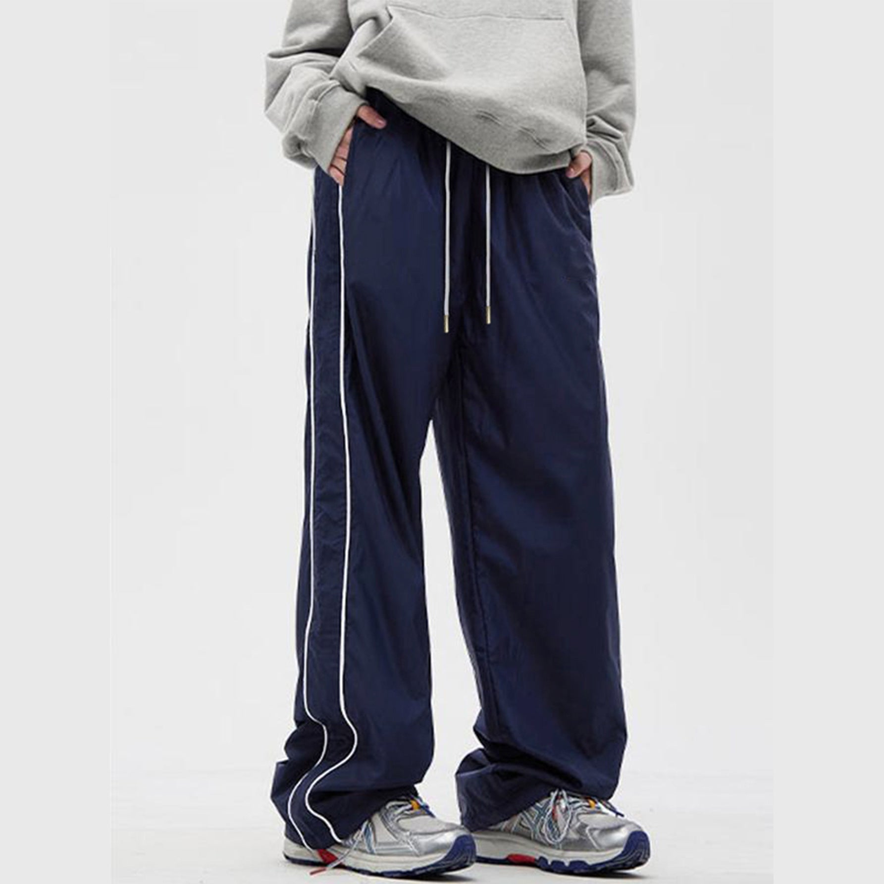 Men's Navy Blue Side Stripe Wide Leg Pants, Drawstring Casual Track Pants