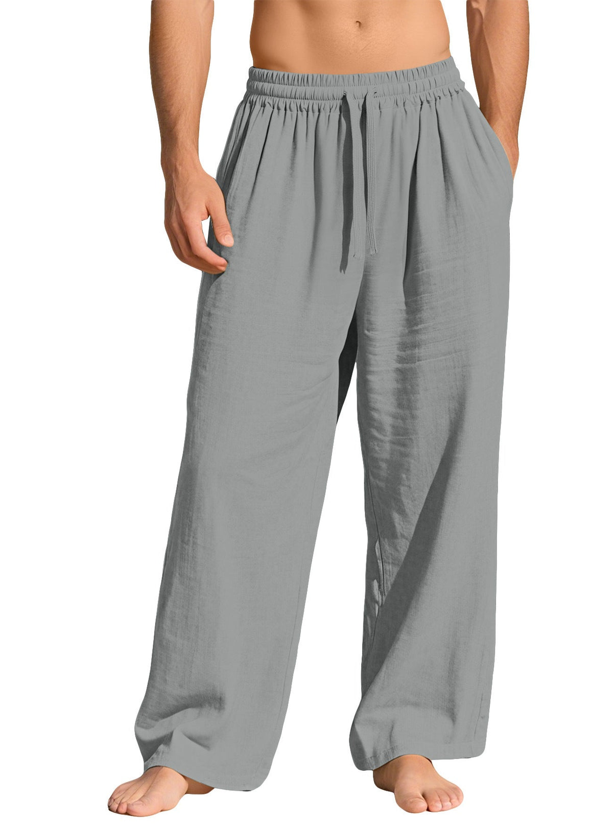 Men's Linen Cotton Baggy Pants, Elastic Waist Drawstring Wide Leg Casual Trousers for Summer Beach