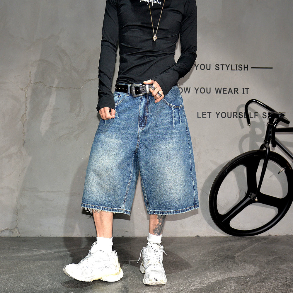Blue retro washed distressed loose and versatile denim shorts, men's trendy brand wide leg straight leg simple casual six quarter pants