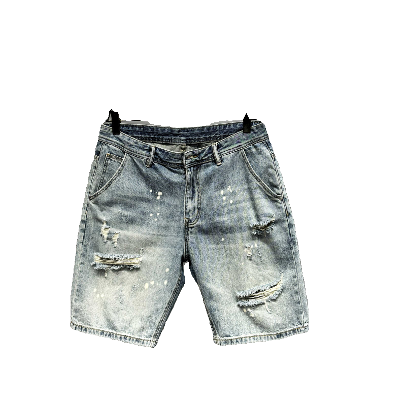 American fashion brand ripped denim shorts for men, retro vintage, distressed, splashed paint, scratched beggar, five quarter pants, loose oversized shorts, mid length pants