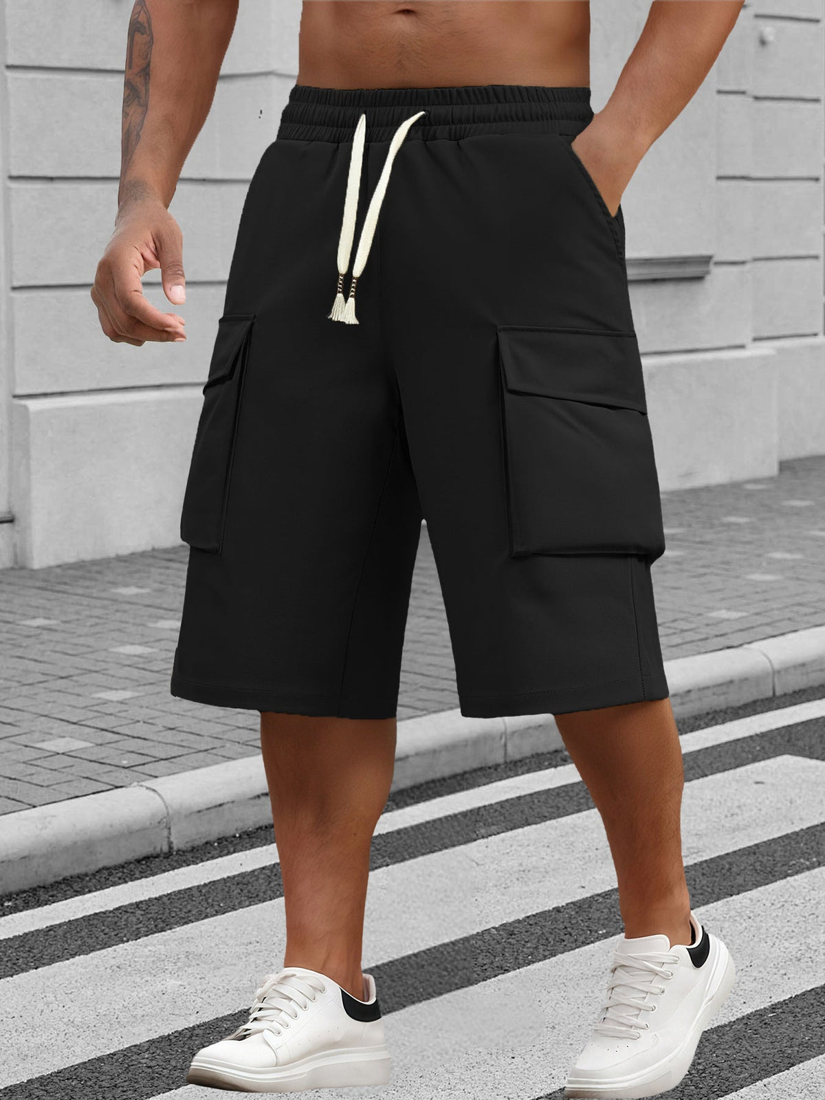Men's Casual Cargo Long Shorts, Elastic Waist Drawstring Knee-Length Shorts