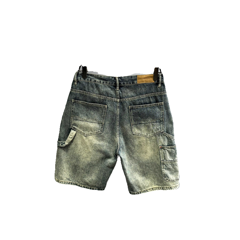Japanese retro multi pocket workwear denim shorts for men, loose straight leg five quarter pants, distressed washed oversized mid length pants, trendy