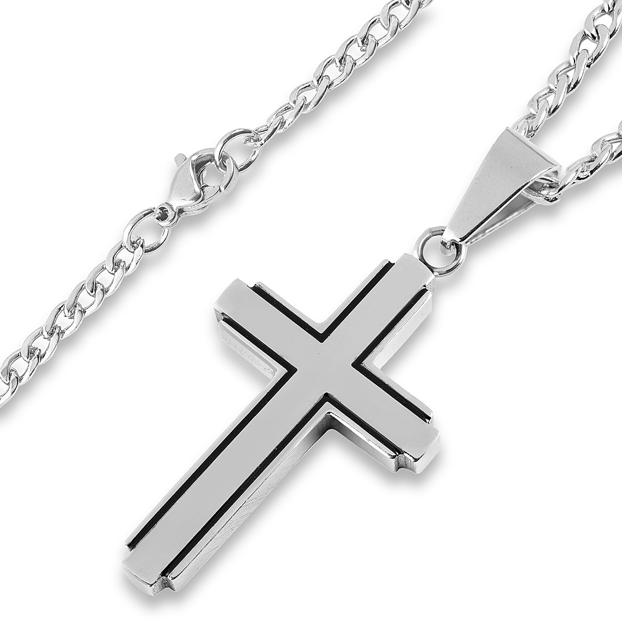 Men's Polished Black Inlay Cross Stainless Steel Necklace