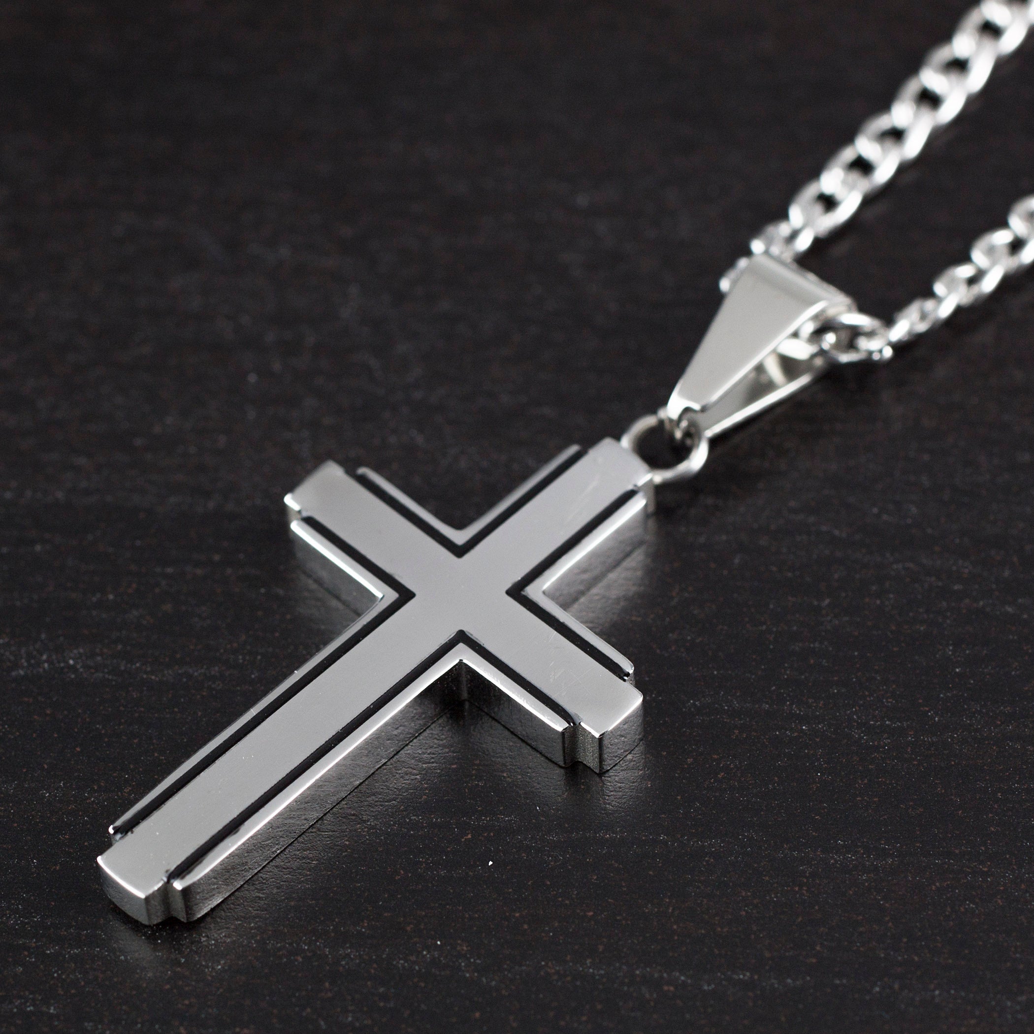 Men's Polished Black Inlay Cross Stainless Steel Necklace