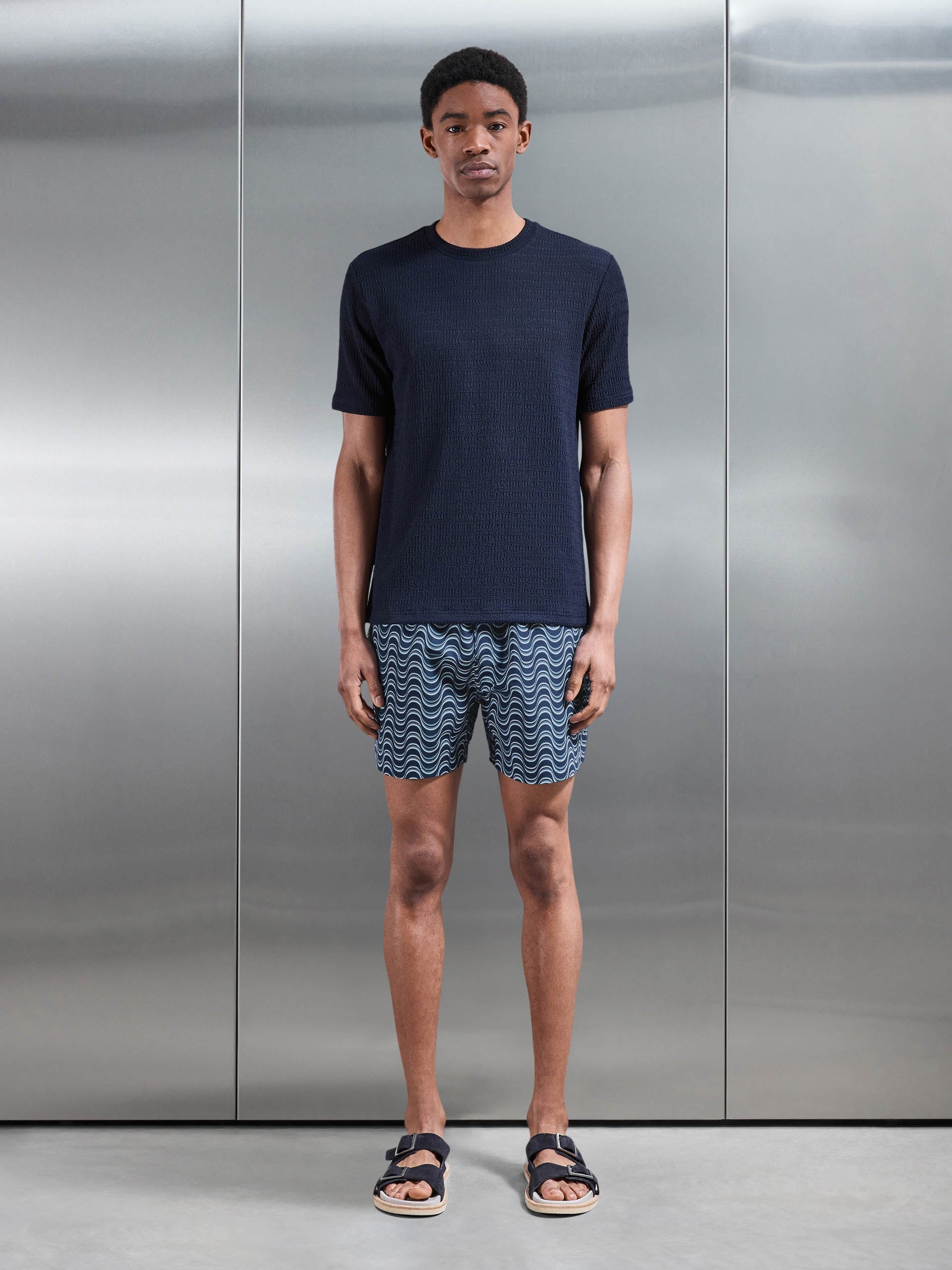 Wave Printed Drawstring Swim Short in Navy