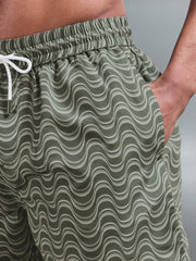 Wave Printed Drawstring Swim Short in Sage