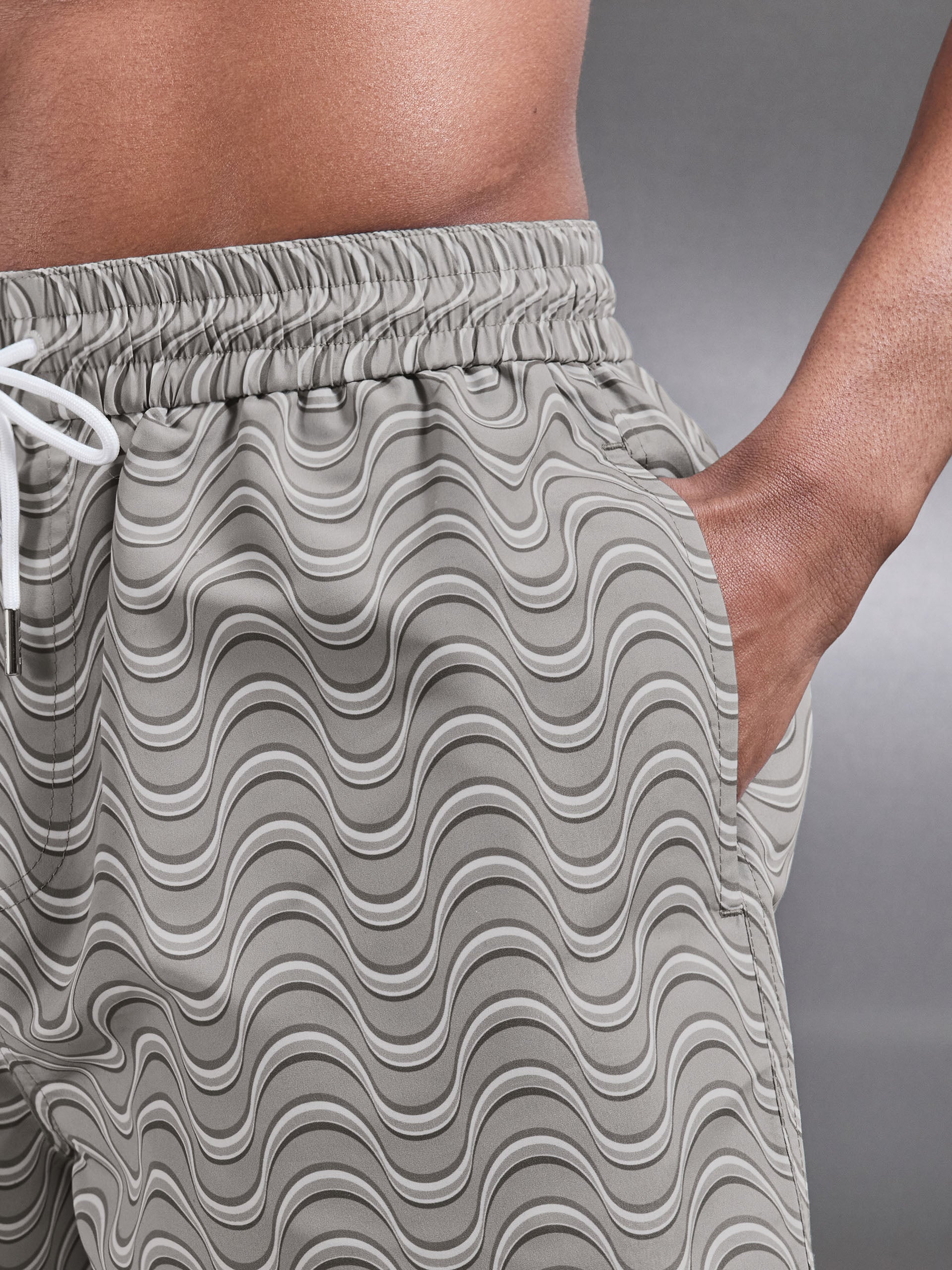 Wave Printed Drawstring Swim Short in Stone